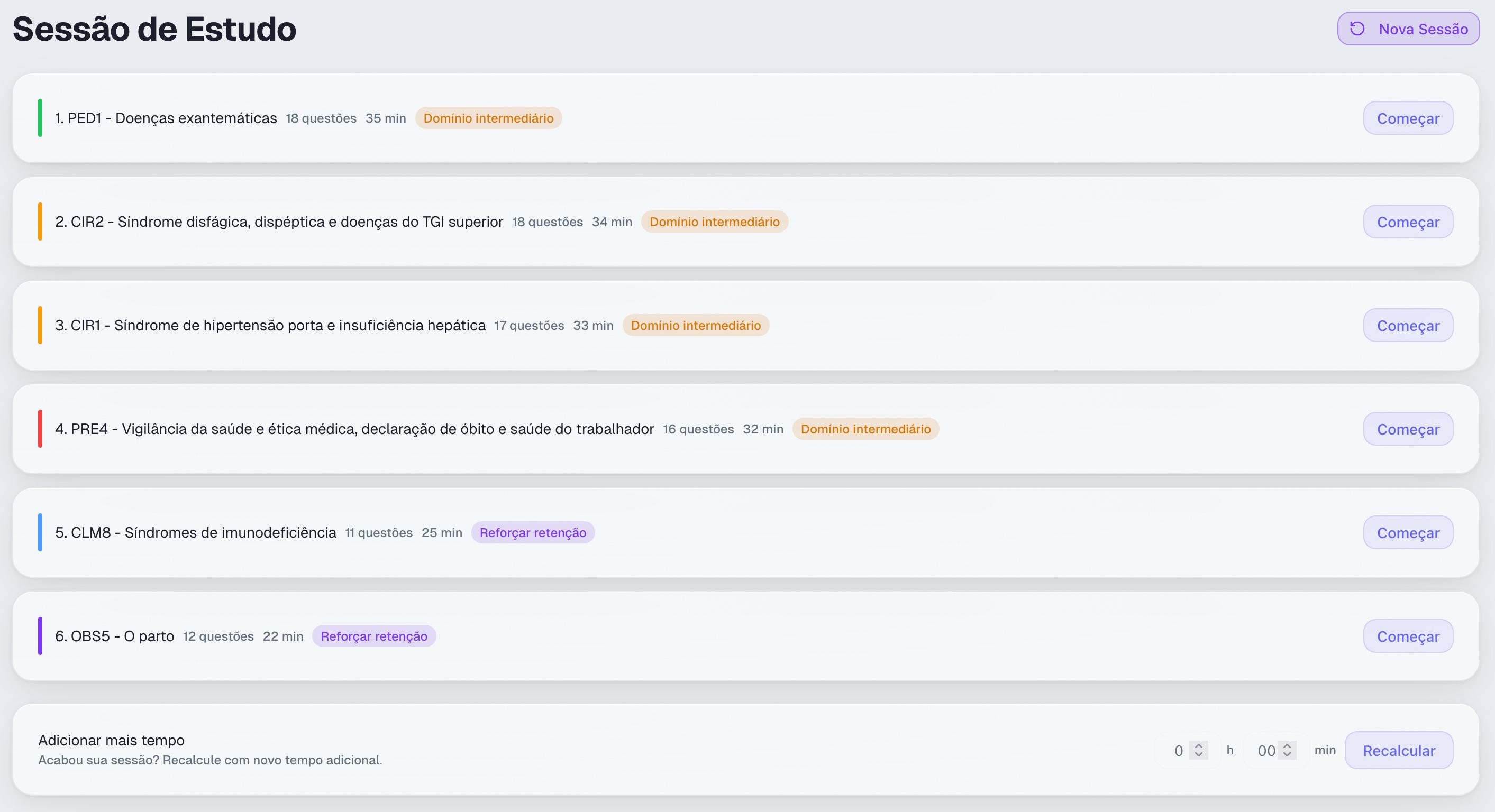 Tela de sessão com lista de temas, urgência e tempo por bloco